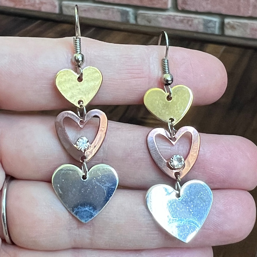 Tri-Color Multi Heart Shape Dangle Earring with Rhinestone - Picture 2 of 2